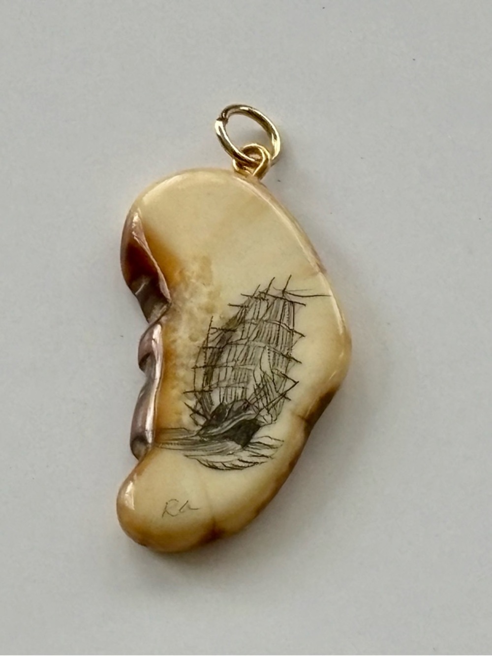 Vintage Hand Etched Genuine Scrimshaw Pendant Nautical Sailing Ship Signed 1.75"